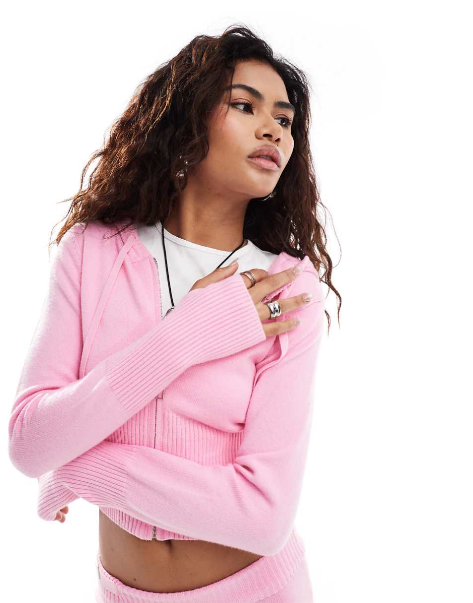 Bailey Rose fitted knit hoodie in bubble gum pink - part of a set