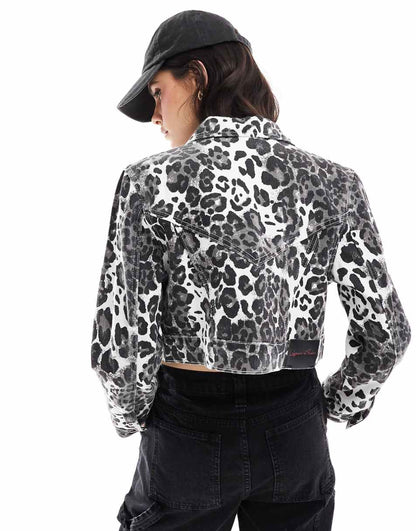 Liquor N Poker leopard print fitted denim jacket in multi