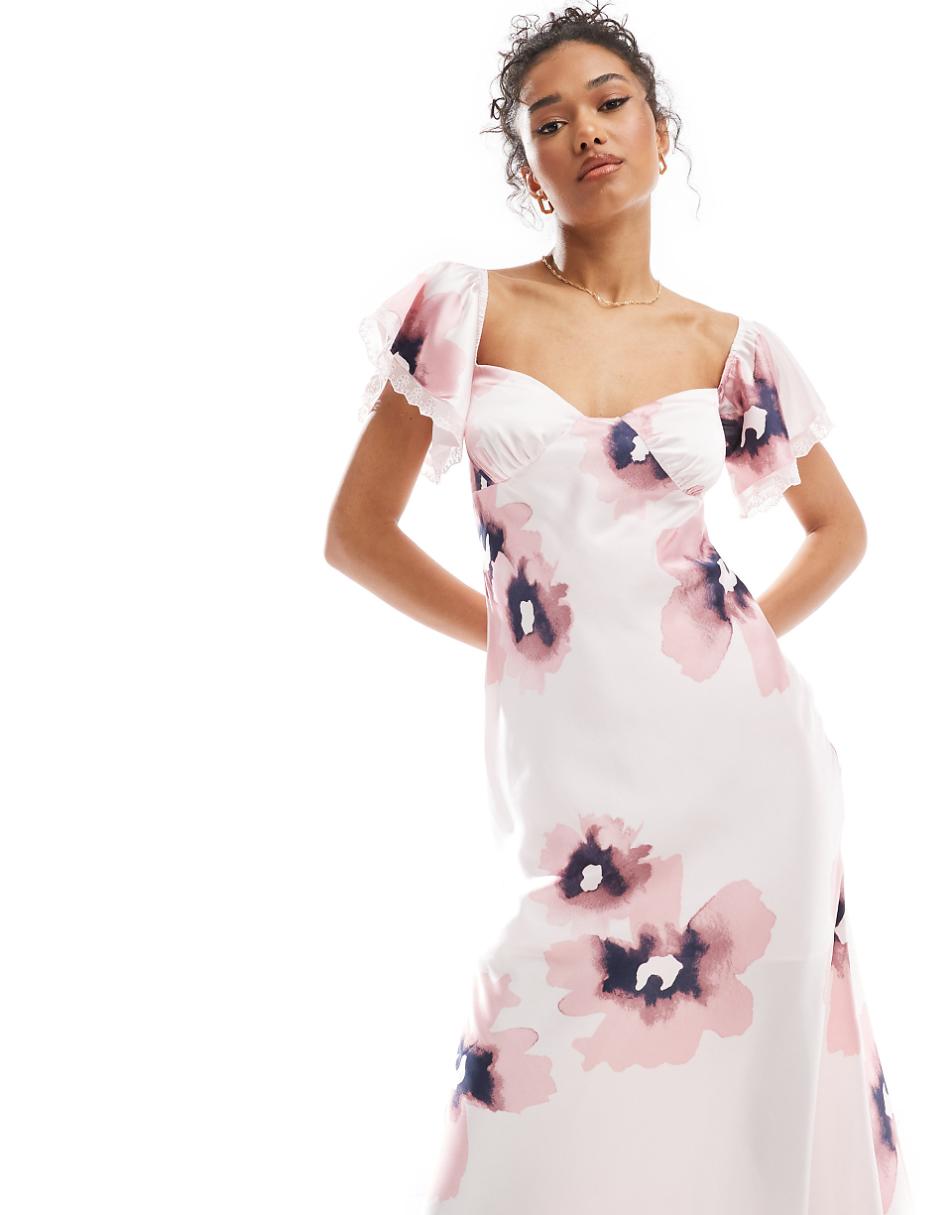 ASOS DESIGN bardot midi dress with lace inserts in pink floral