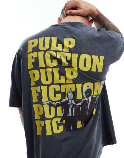 ASOS DESIGN unisex oversized license t-shirt with pulp fiction print in washed black