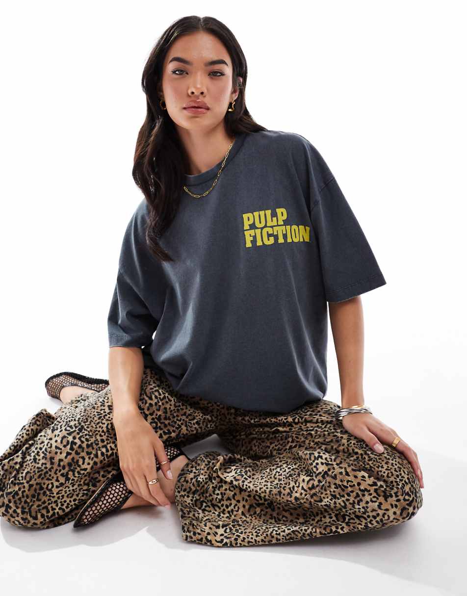 ASOS DESIGN unisex oversized license t-shirt with pulp fiction print in washed black