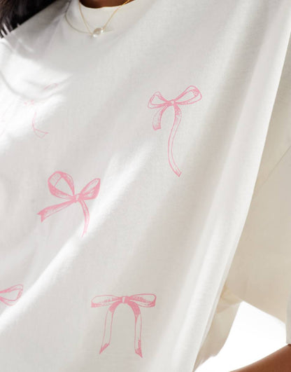 ONLY scattered pink bow graphic cropped t-shirt in white