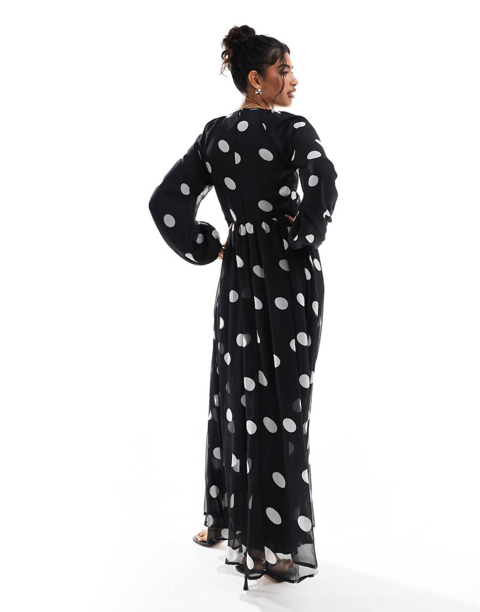 ASOS DESIGN wrap bodice balloon sleeve maxi dress in black spot print