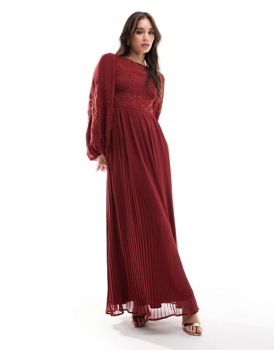 ASOS DESIGN cutout embroidery pleated maxi dress in burgundy