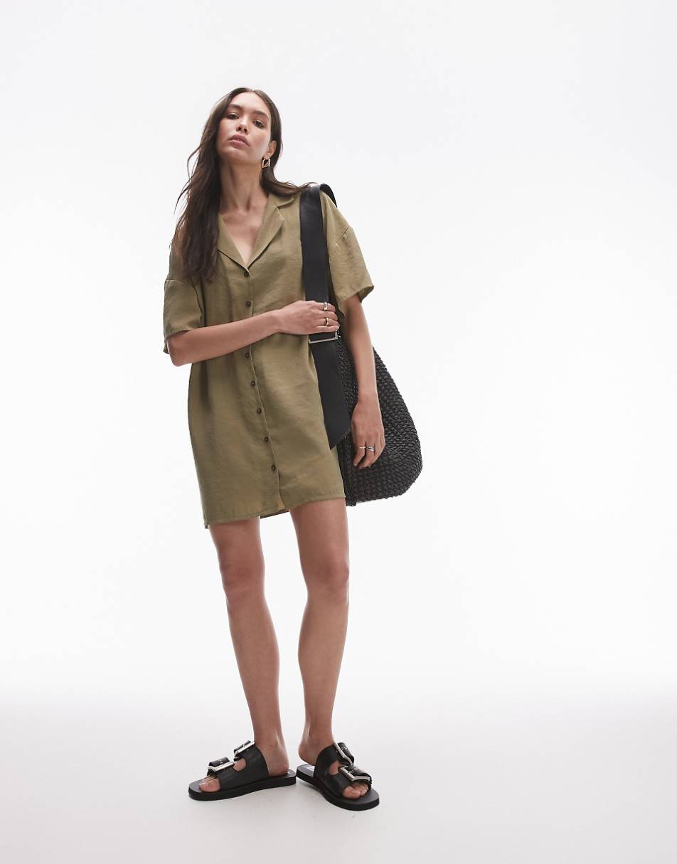 Topshop button down mini shirt dress in khaki