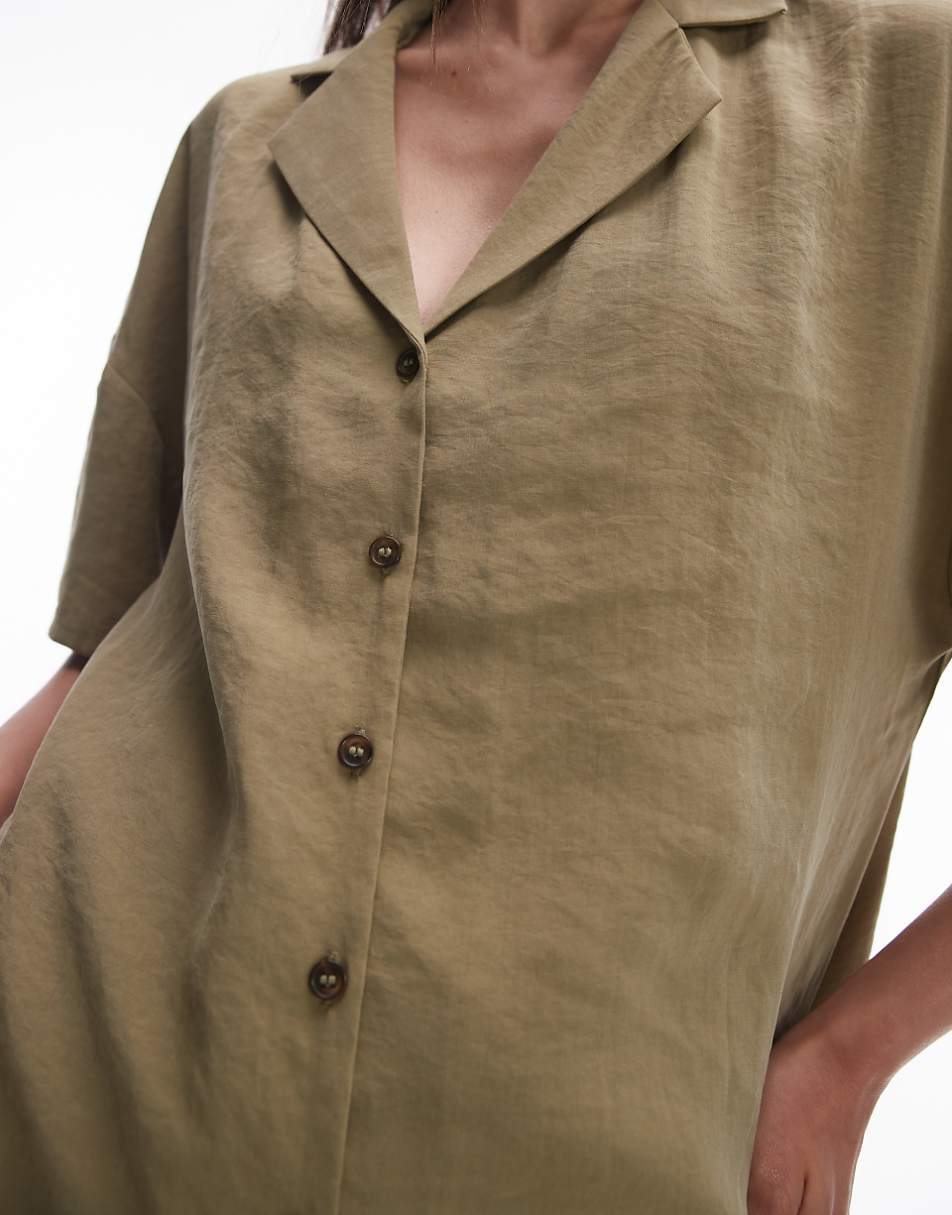 Topshop button down mini shirt dress in khaki