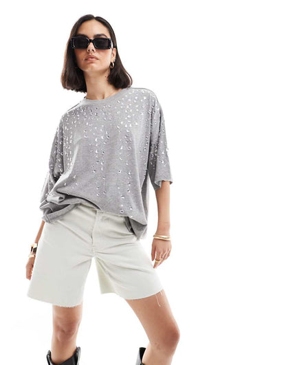 ASOS DESIGN crystal embellished oversized t-shirt in gray