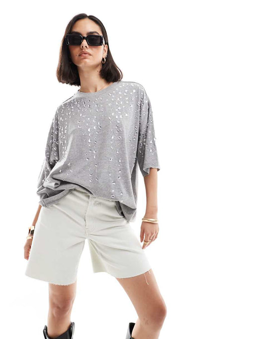 ASOS DESIGN crystal embellished oversized t-shirt in gray