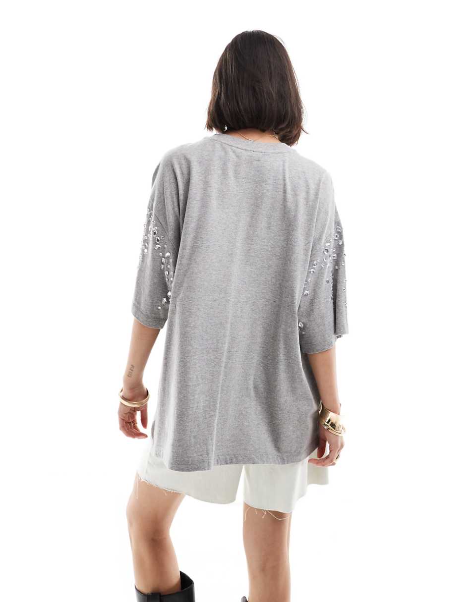 ASOS DESIGN crystal embellished oversized t-shirt in gray