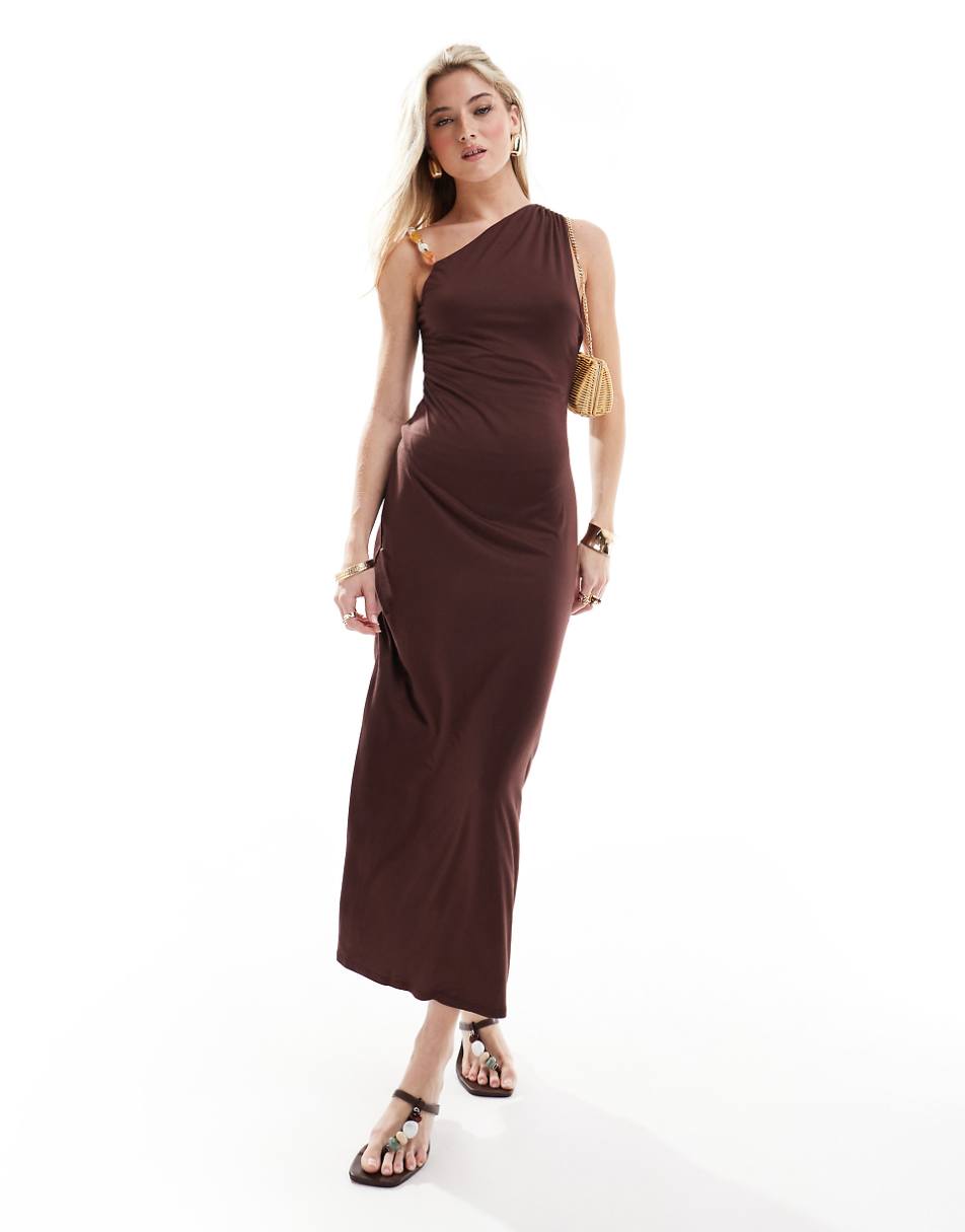 ASOS DESIGN modal beaded strappy midi dress in chocolate