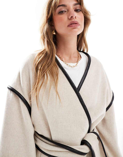 4th & Reckless wool mix contrast edge belted jacket in cream