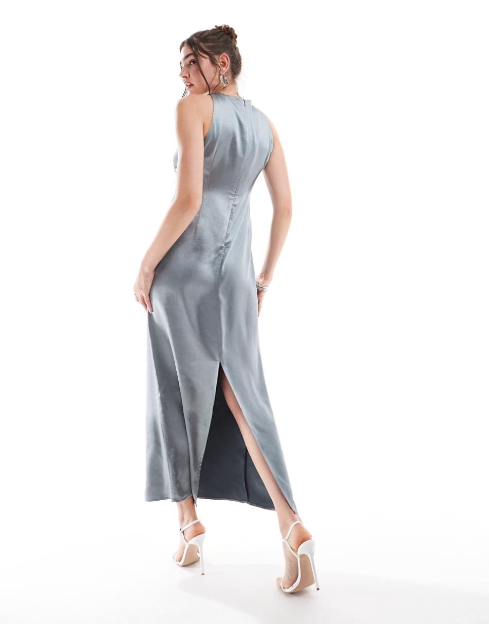 4th & Reckless satin racer neck maxi dress in steel gray