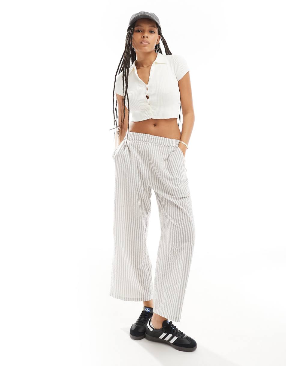 ASOS DESIGN cropped pull on pants with tab waistband in gray stripe