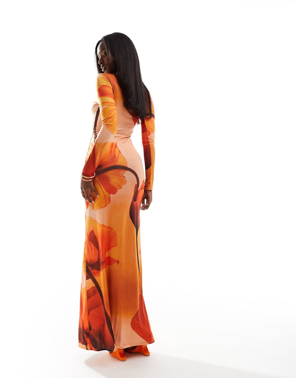 ASOS DESIGN long sleeve drawstring ruched maxi dress in orange floral