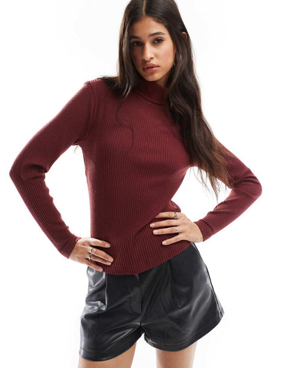 ASOS DESIGN super soft brushed rib roll neck in burgundy