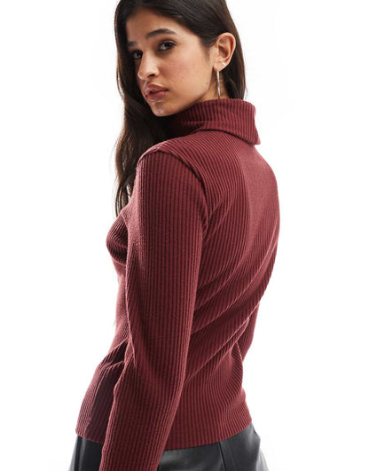 ASOS DESIGN super soft brushed rib roll neck in burgundy