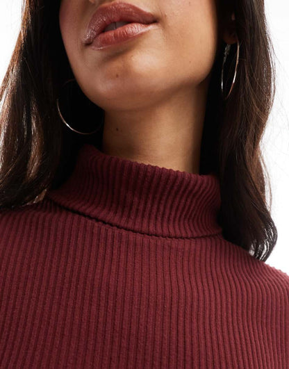 ASOS DESIGN super soft brushed rib roll neck in burgundy