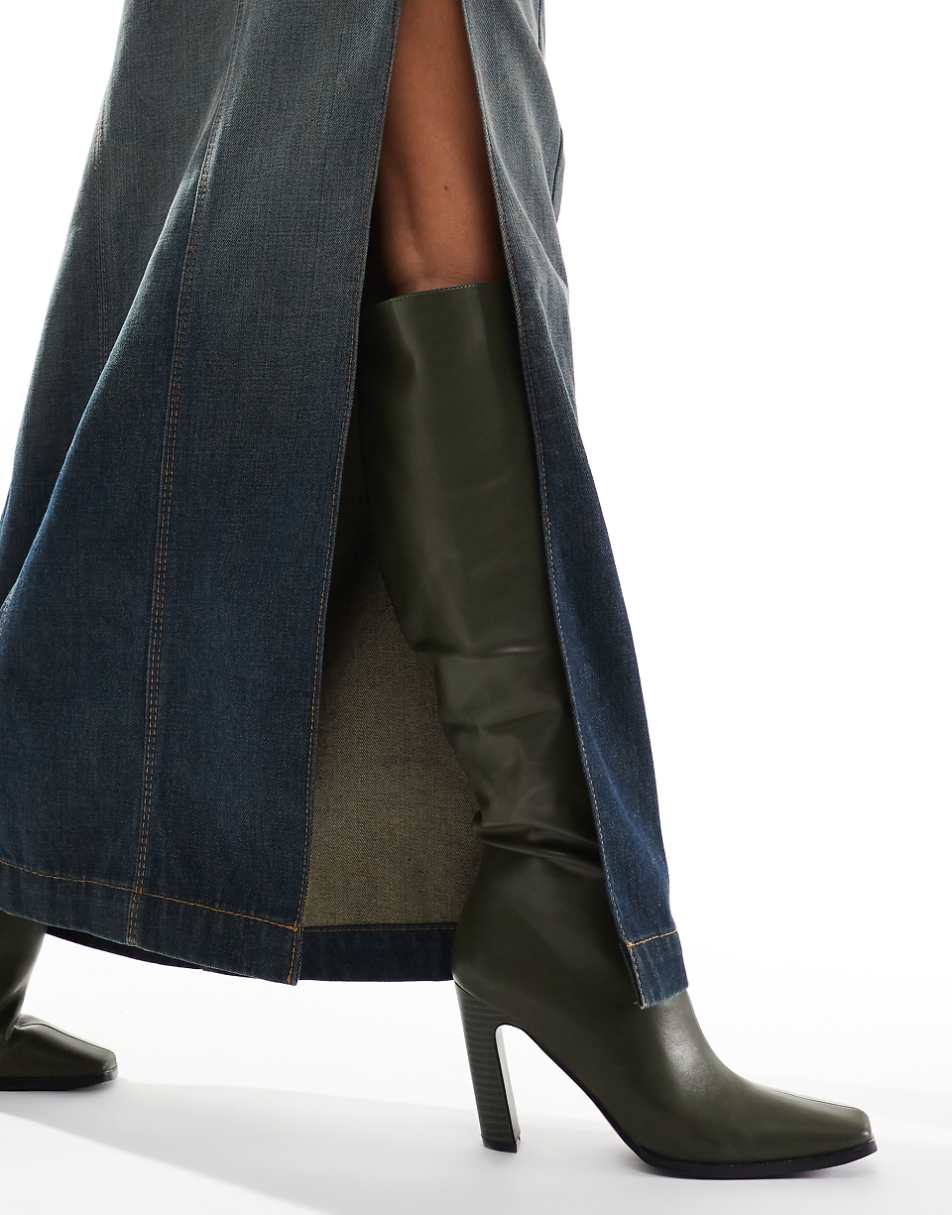 Public Desire Acquilla heeled knee boots with square toe in olive PU