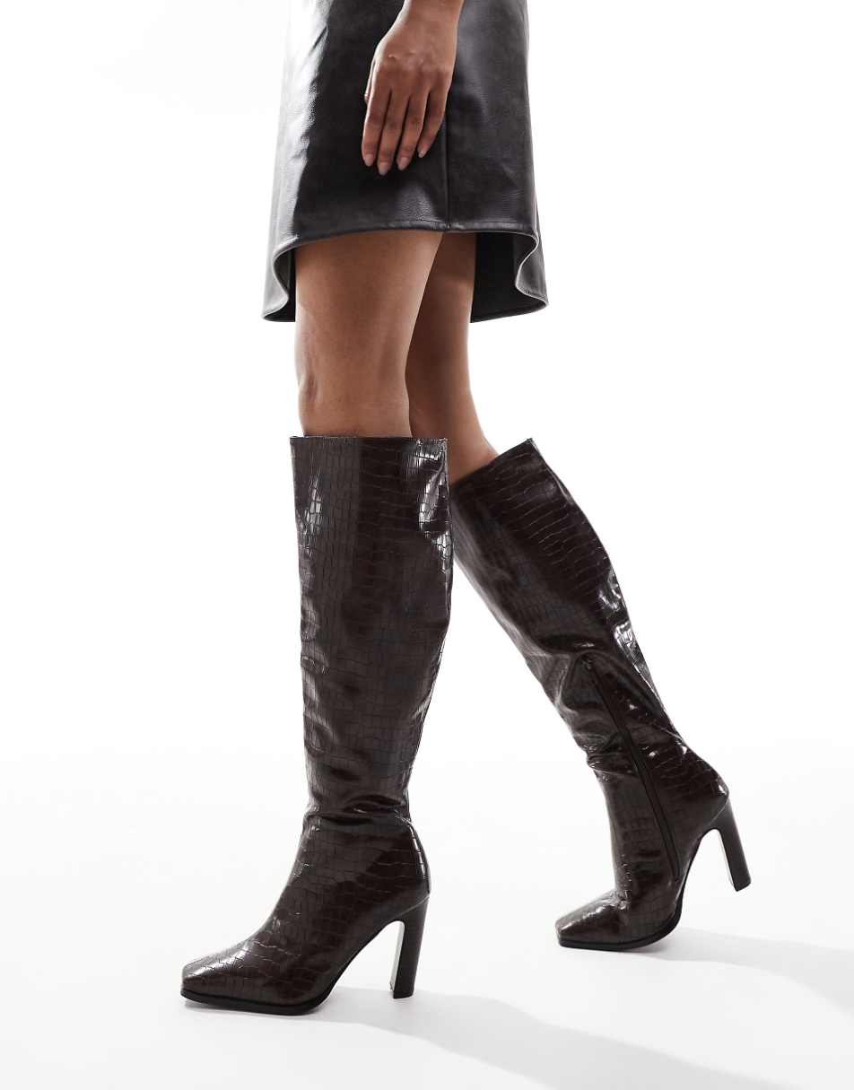 Public Desire Acquilla heeled knee boots with square toe in brown croc