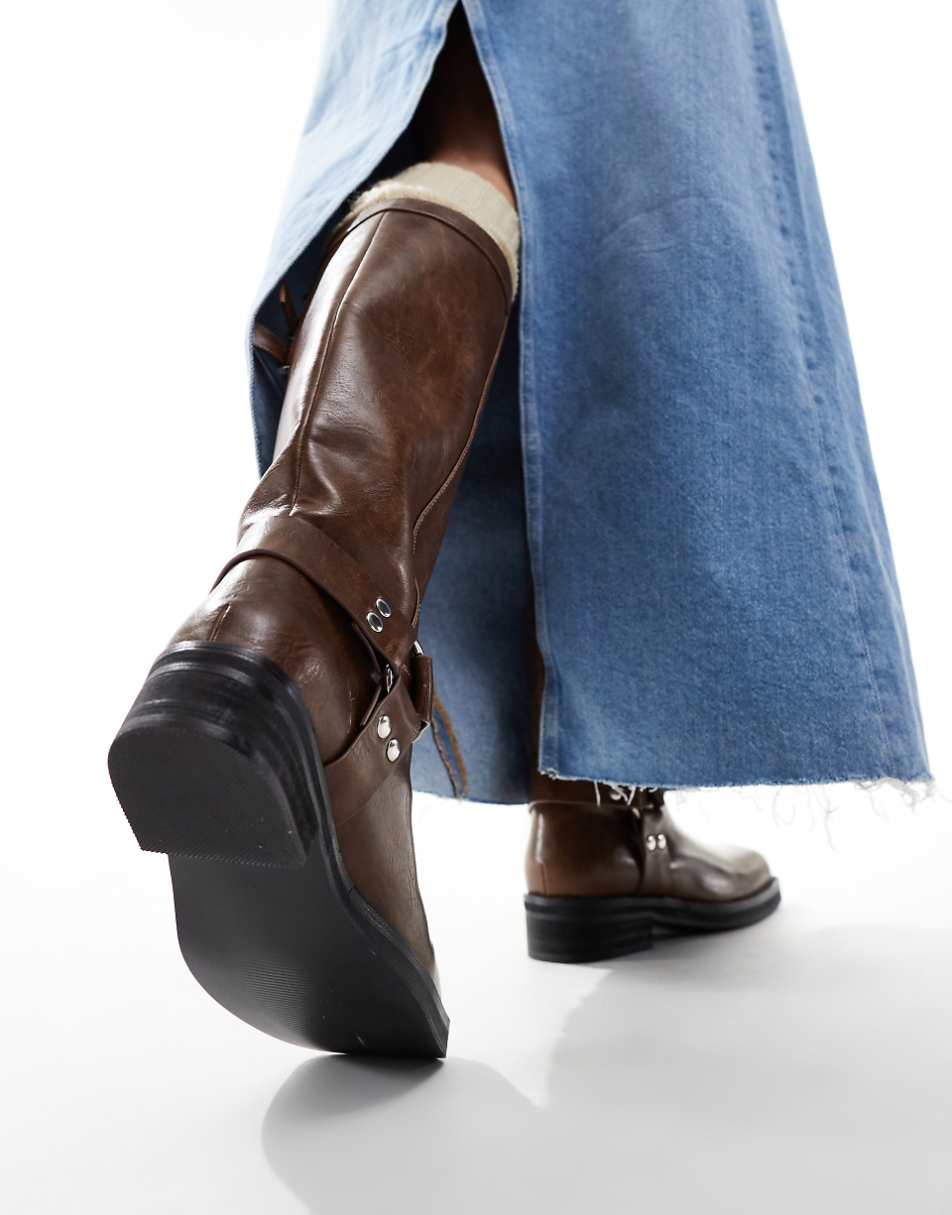 Public Desire Sirus flat harness knee boots in tan