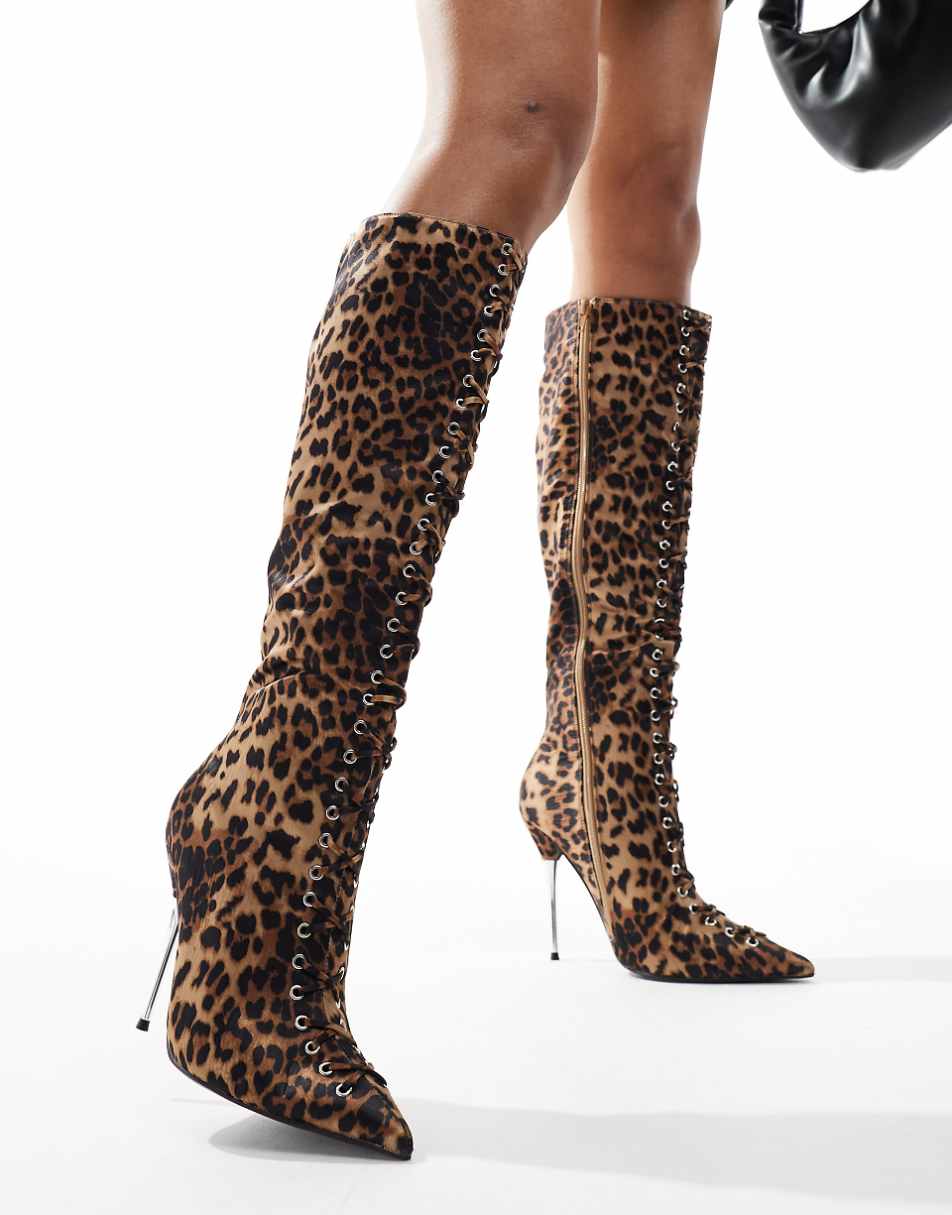 Public Desire Witchcraft square toe lace up knee boots in Leopard