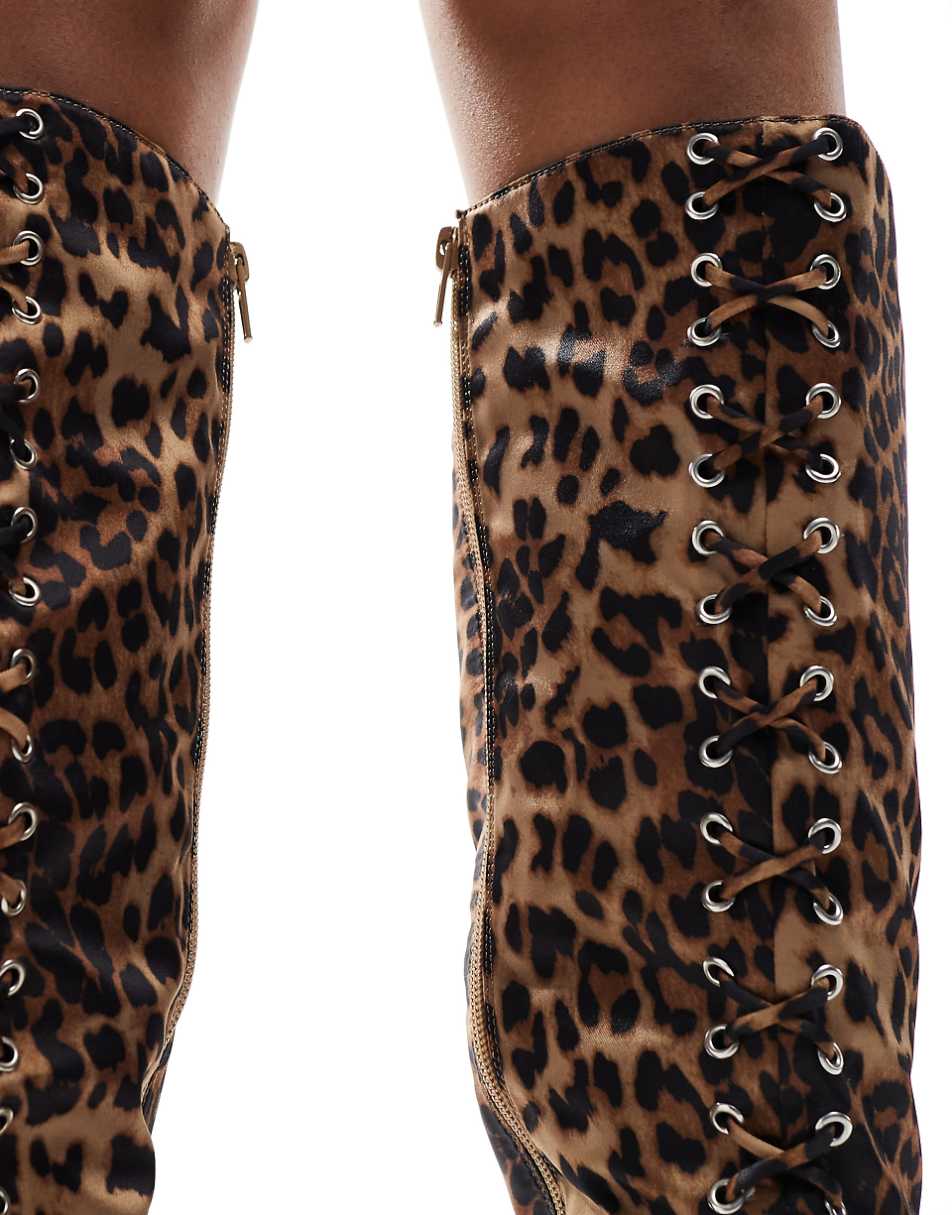 Public Desire Witchcraft square toe lace up knee boots in Leopard