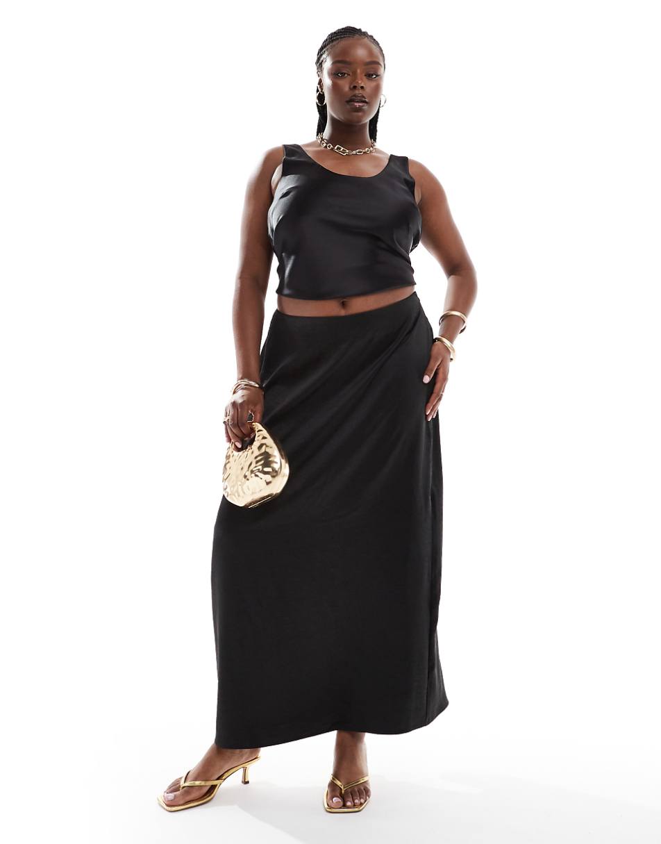 4th & Reckless Plus Exclusive satin back slit maxi skirt in black