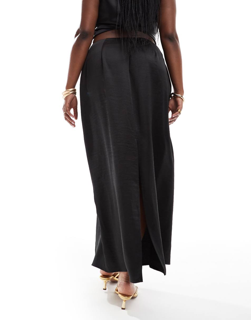 4th & Reckless Plus Exclusive satin back slit maxi skirt in black