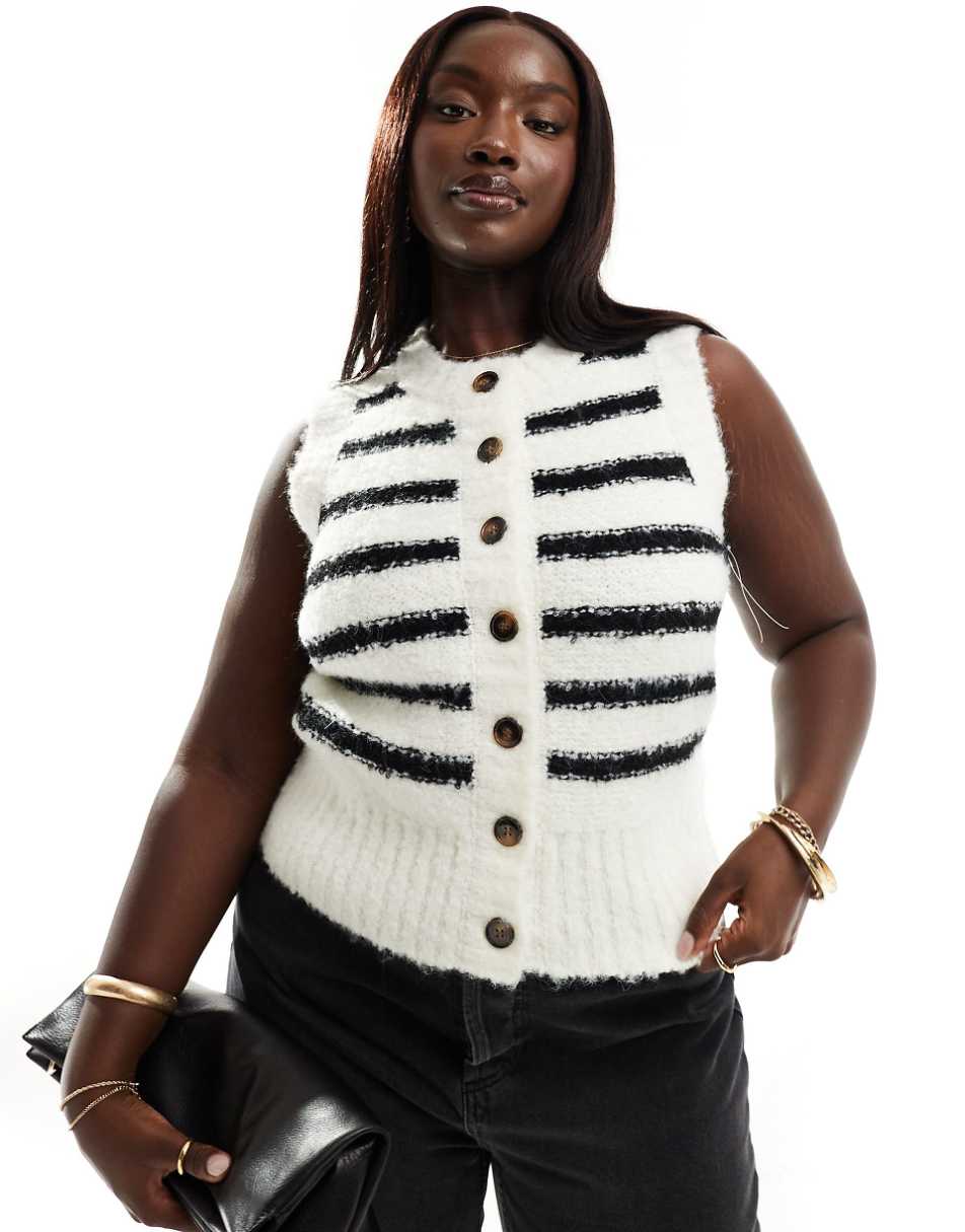 4th & Reckless Plus exclusive fluffy knit button up sleeveless top in black and white stripe