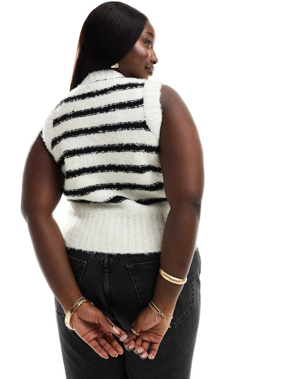 4th & Reckless Plus exclusive fluffy knit button up sleeveless top in black and white stripe