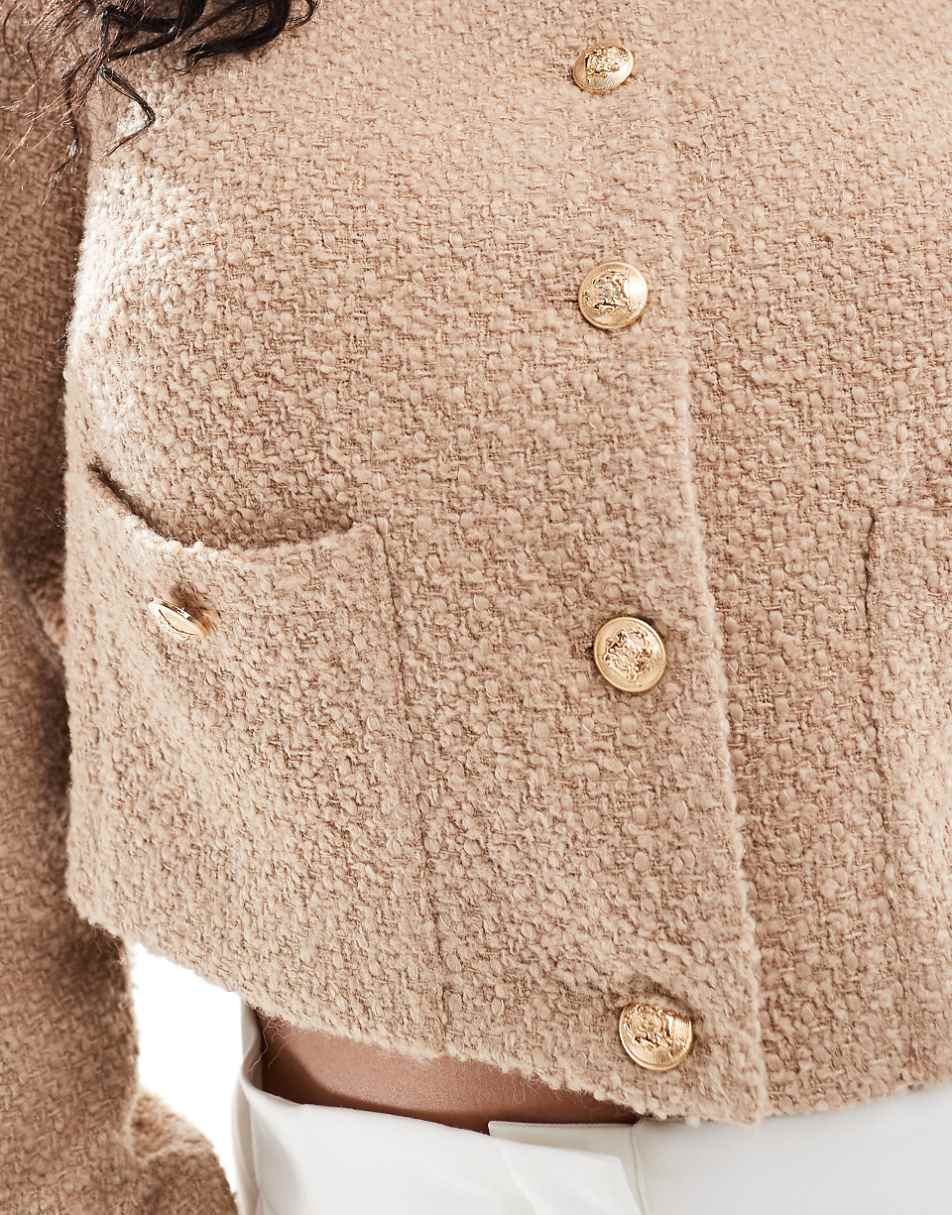 4th & Reckless Plus exclusive boucle gold button through cropped jacket in camel