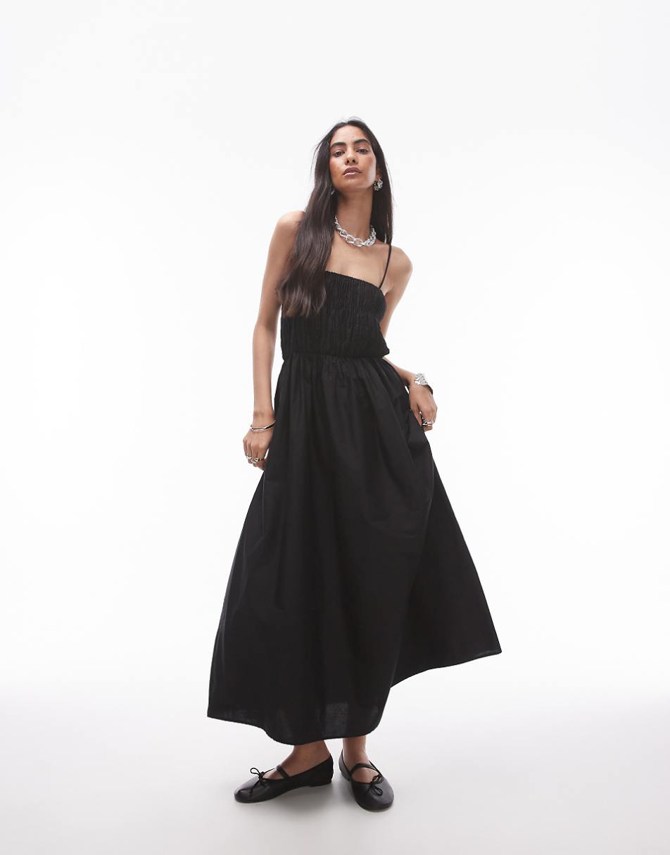 Topshop poplin bandeau maxi dress in black