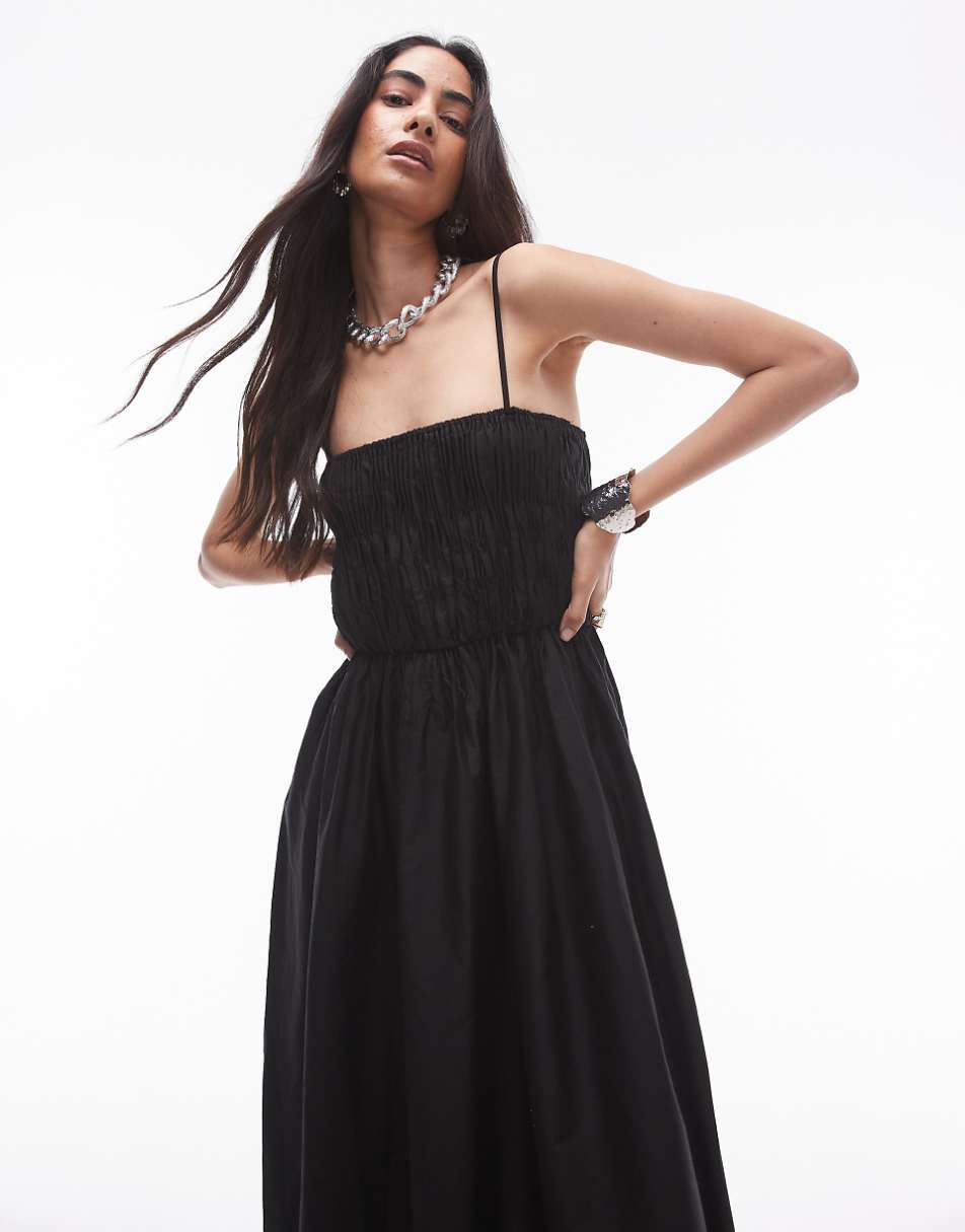 Topshop poplin bandeau maxi dress in black