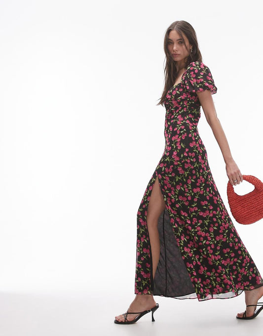 Topshop ruched sleeve occasion dress in red floral print