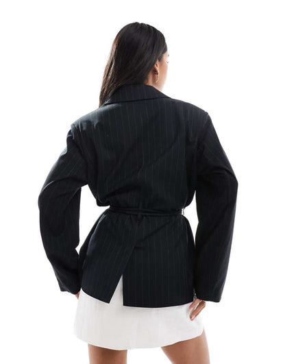 ASOS DESIGN relaxed blazer with tie waist detail in ink stripe