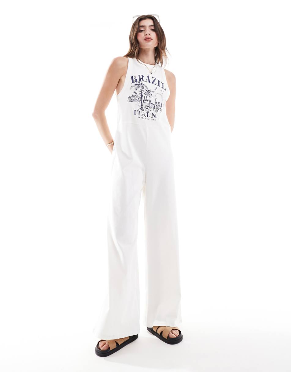 ASOS DESIGN racer brazil print wide leg jumpsuit in cream