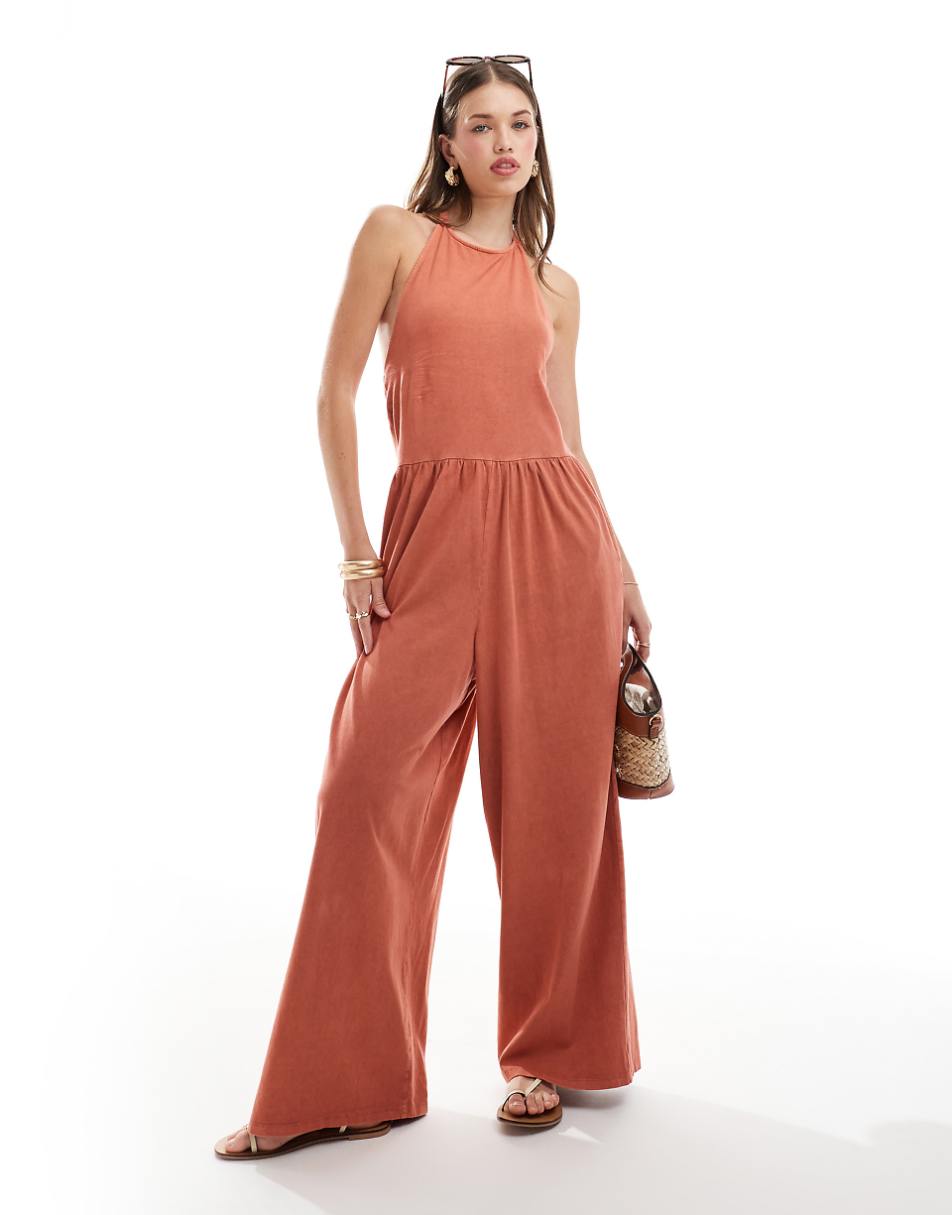 ASOS DESIGN halter neck trapeze jumpsuit in orange