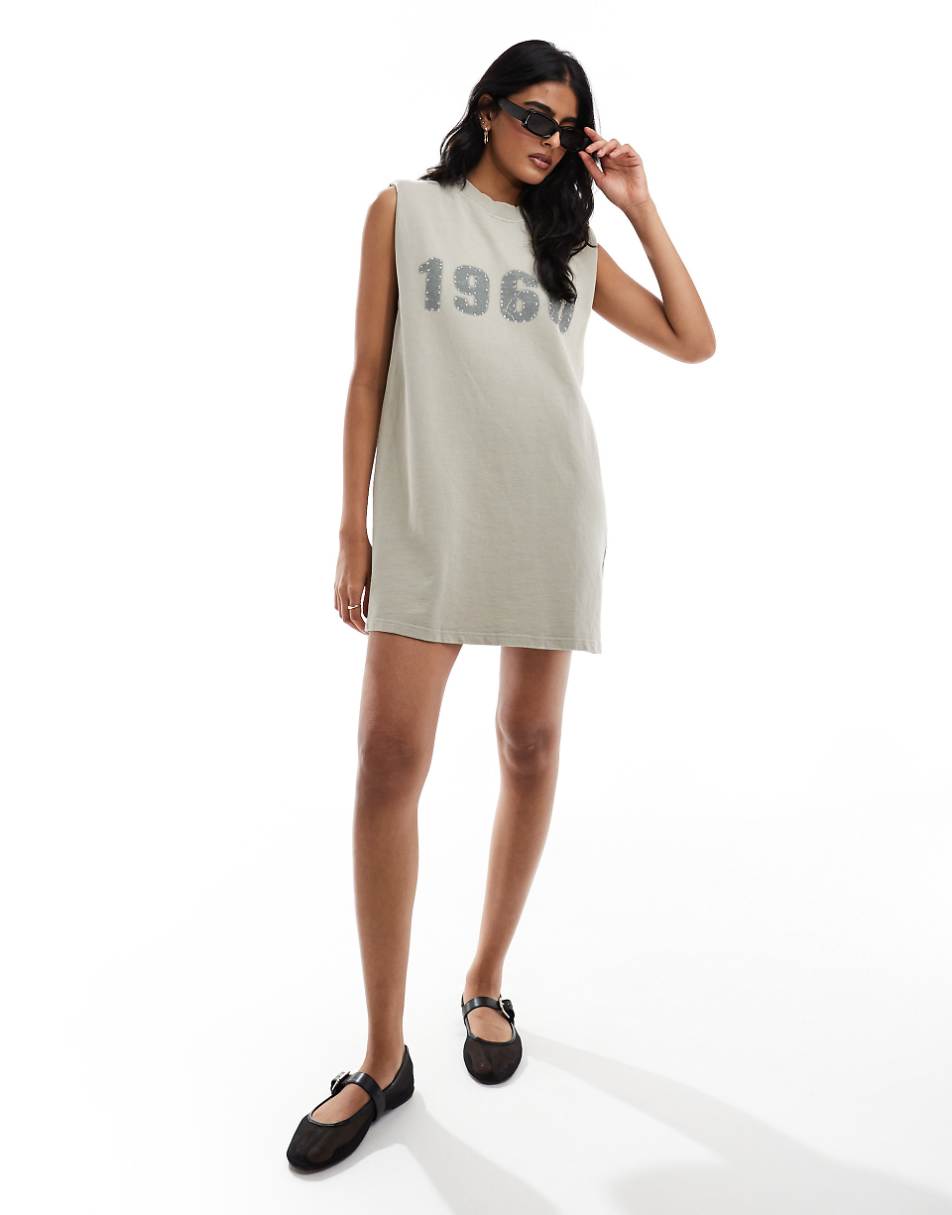 ASOS DESIGN 1960 washed sweatshirt fabric mini dress with shoulder pads in washed khaki