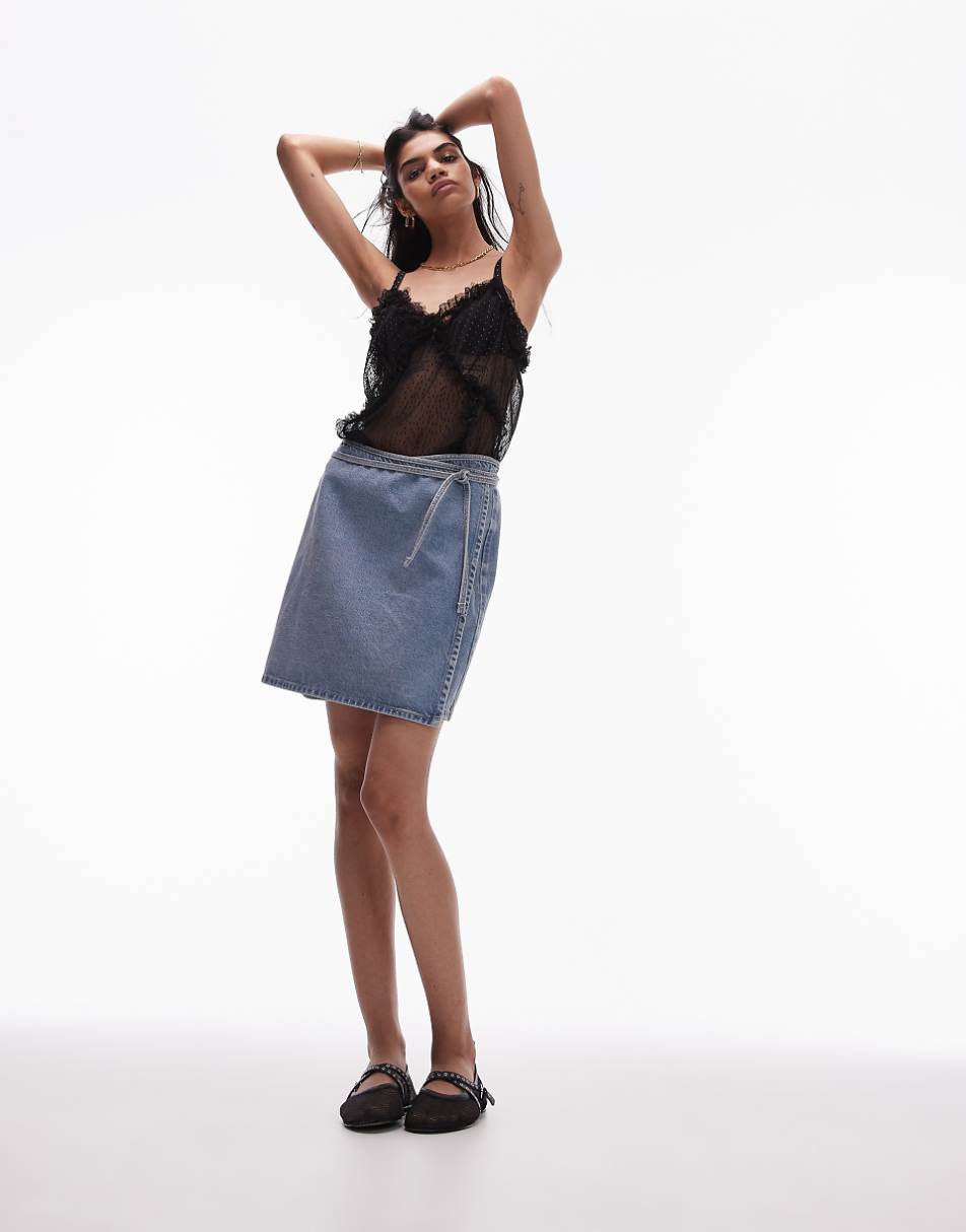 Topshop denim mini wrap skirt in bleach