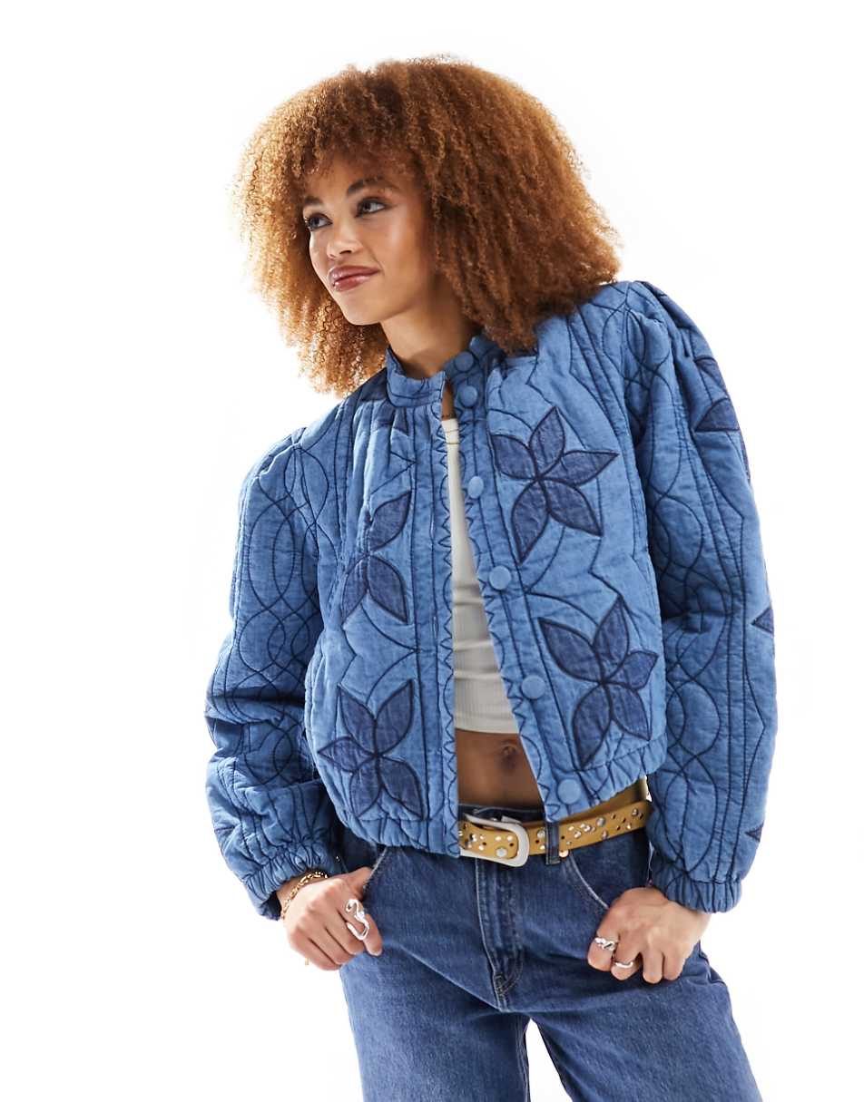 Free People quinn quilted patch insert denim jacket in blue