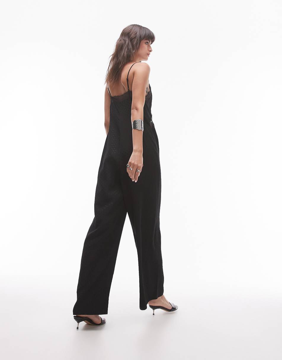 Topshop midi jacquard jumpsuit with lace bust in black