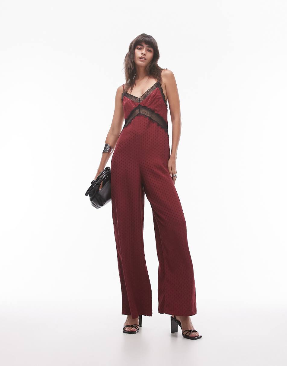 Topshop midi jacquard jumpsuit in burgundy with black lace bust