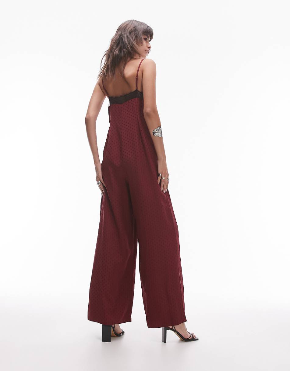 Topshop midi jacquard jumpsuit in burgundy with black lace bust