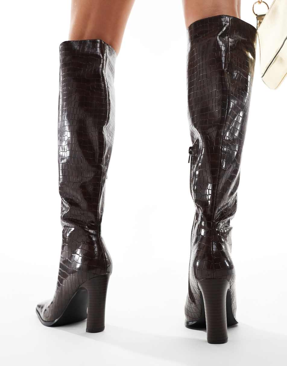 Public Desire Acquilla Wide Fit heeled knee boots with square toe in brown croc