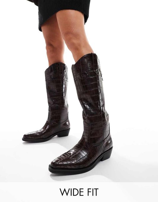 Public Desire Wide Fit Apollop western knee boots in brown croc