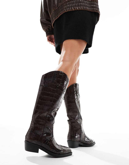 Public Desire Wide Fit Apollop western knee boots in brown croc