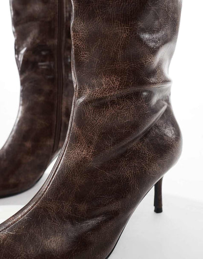 Public Desire Amped Wide Fit kitten heel straight leg pointed knee boots in brown distressed PU
