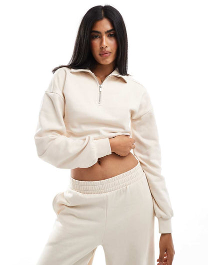 Miss Selfridge half zip crop sweatshirt in ecru - part of a set