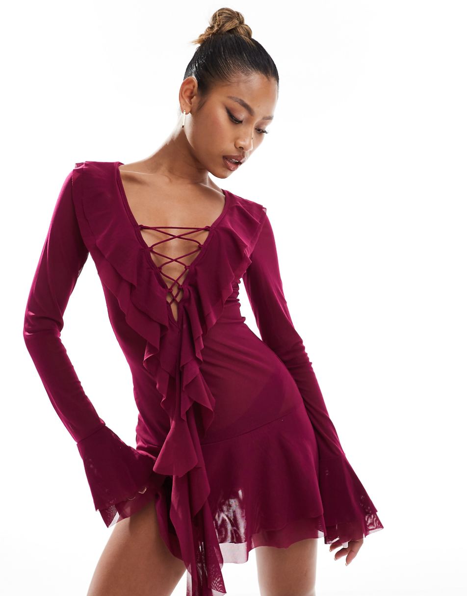 Murci Exclusive mesh ruffle detail lace-up plunge ultra mini dress in purple