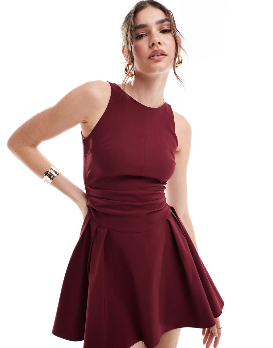 ASOS DESIGN bengaline fit and flare mini dress in burgundy